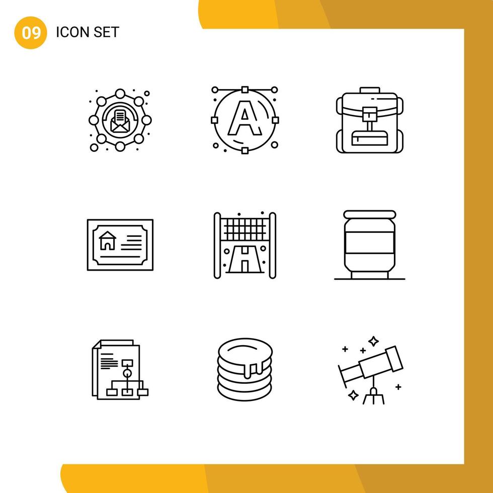 User Interface Pack of 9 Basic Outlines of sport finish backbag estate home Editable Vector Design Elements