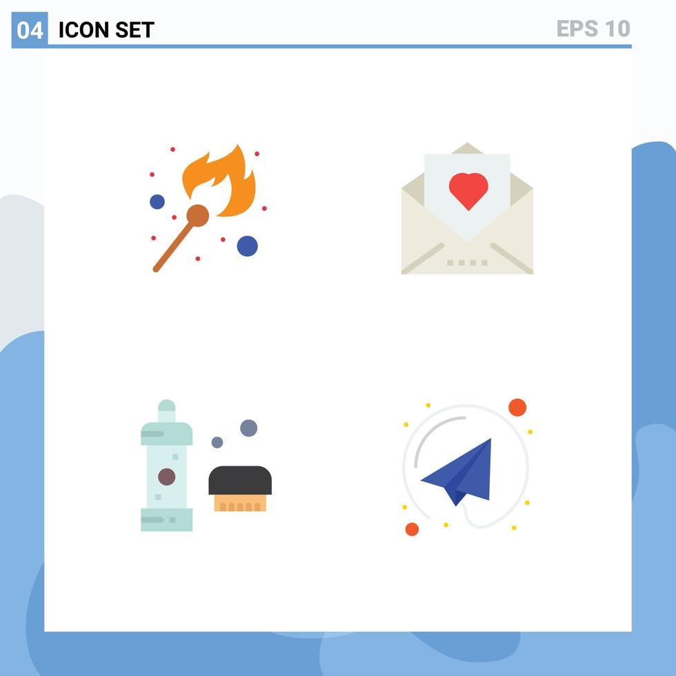 User Interface Pack of 4 Basic Flat Icons of fire bath stick love letter cleaning Editable Vector Design Elements