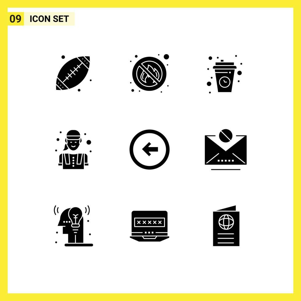 Set of 9 Commercial Solid Glyphs pack for arrow labour break female engineer relax Editable Vector Design Elements