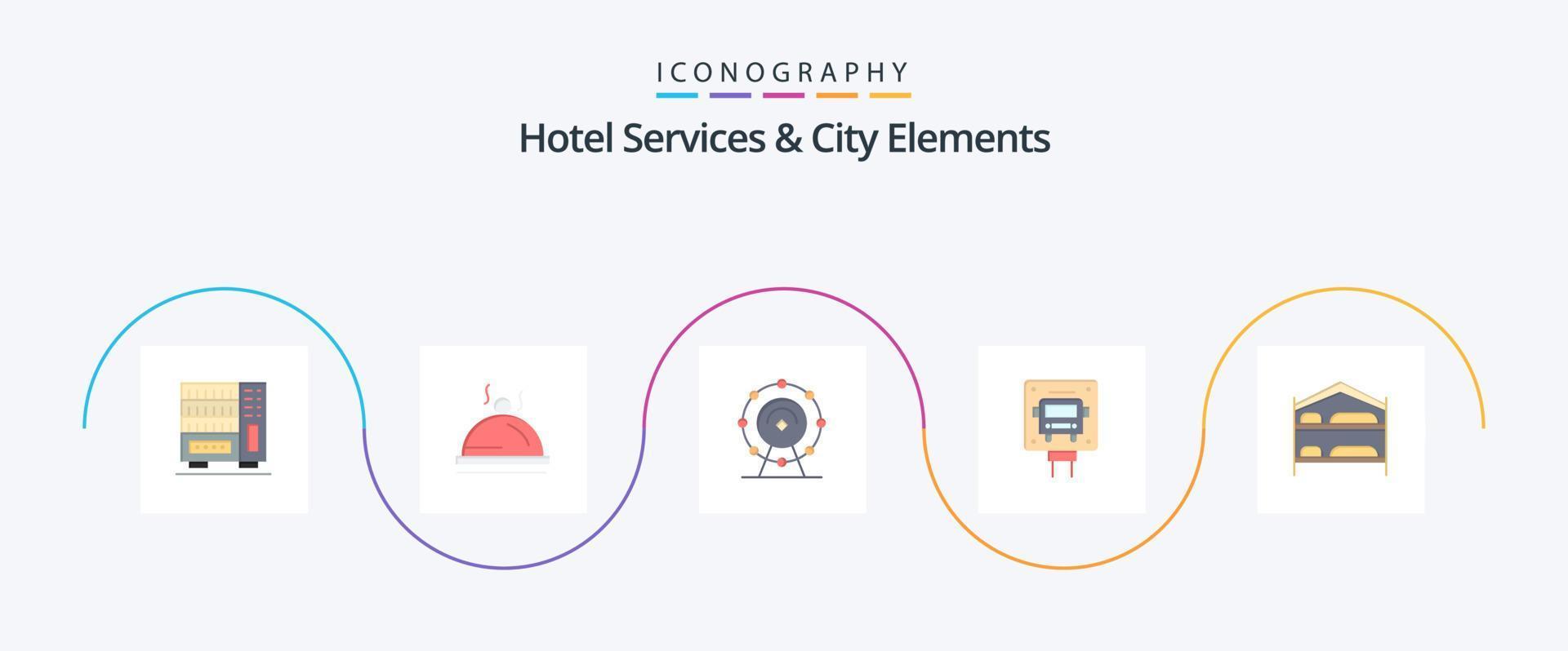 Hotel Services And City Elements Flat 5 Icon Pack Including bedroom. public. browser. sign. bus vector