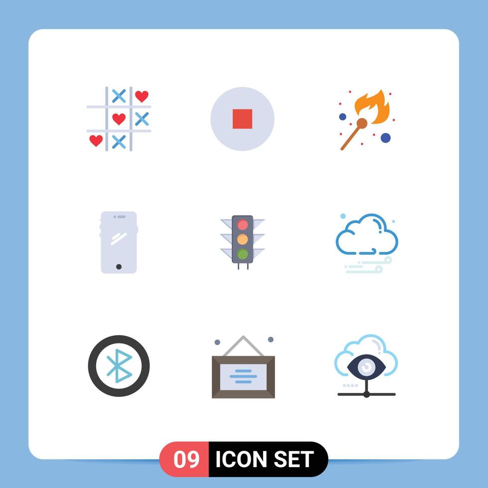 Pack of 9 creative Flat Colors of light trafic lighter iphone mobile Editable Vector Design Elements