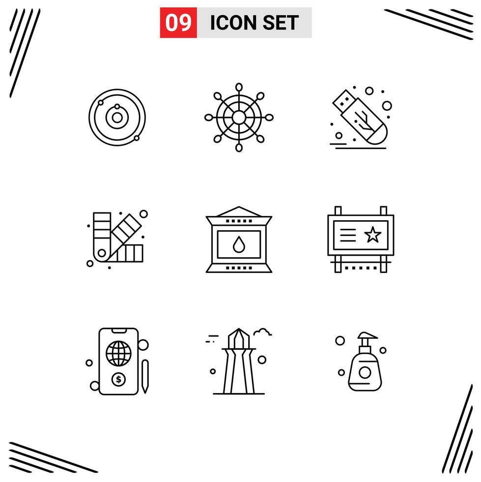 Pack of 9 creative Outlines of lantern fire flash chip development Editable Vector Design Elements