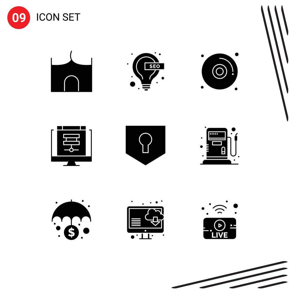 9 User Interface Solid Glyph Pack of modern Signs and Symbols of key online seo database cloud Editable Vector Design Elements