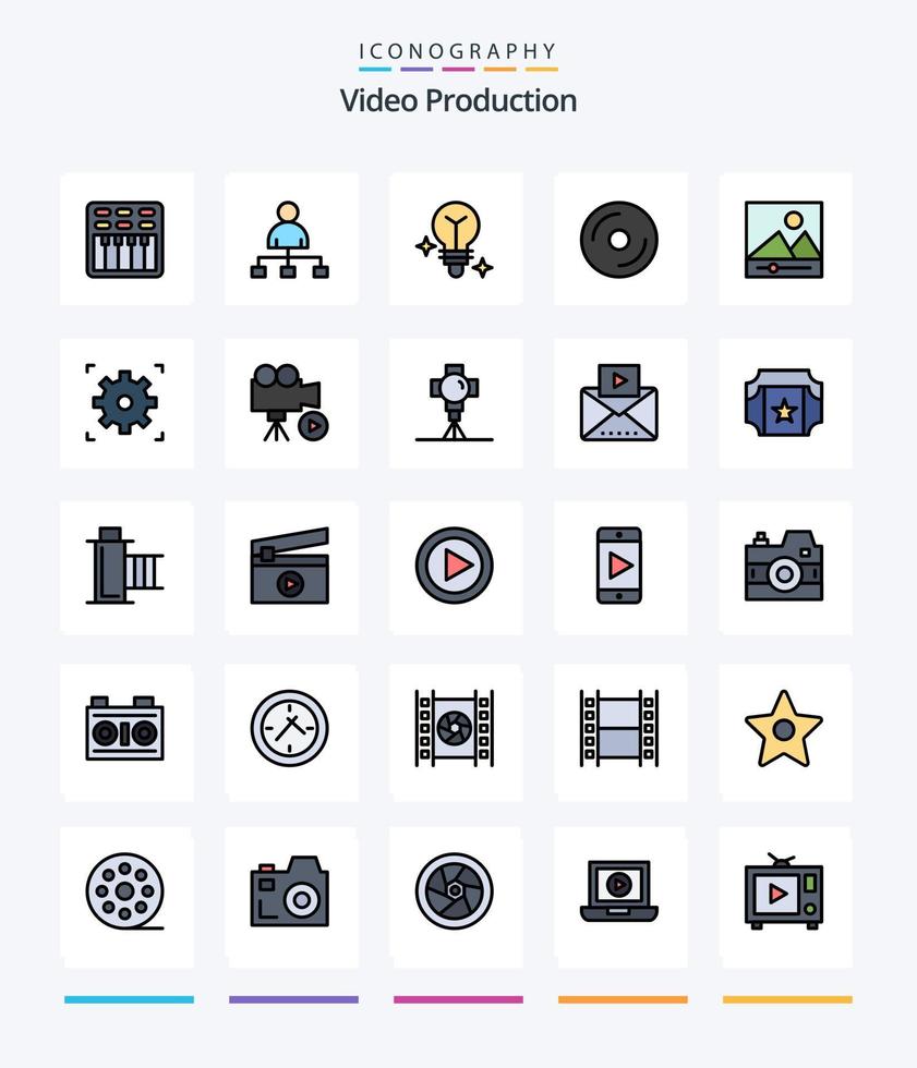 creativo vídeo producción 25 línea lleno icono paquete tal como medios de comunicación. multimedia. bulbo. medios de comunicación. disco vector