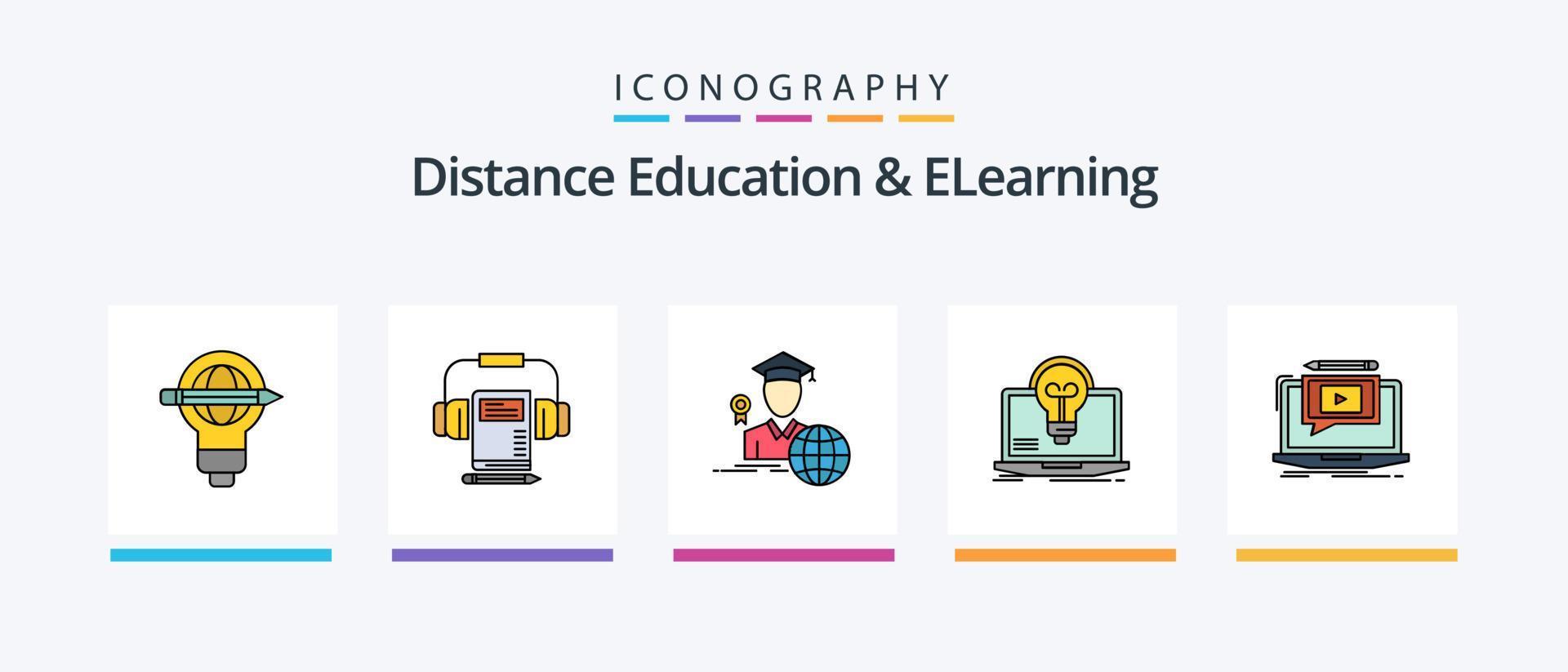 Distance Education And Elearning Line Filled 5 Icon Pack Including university. presentation. cv. file. laptop. Creative Icons Design vector
