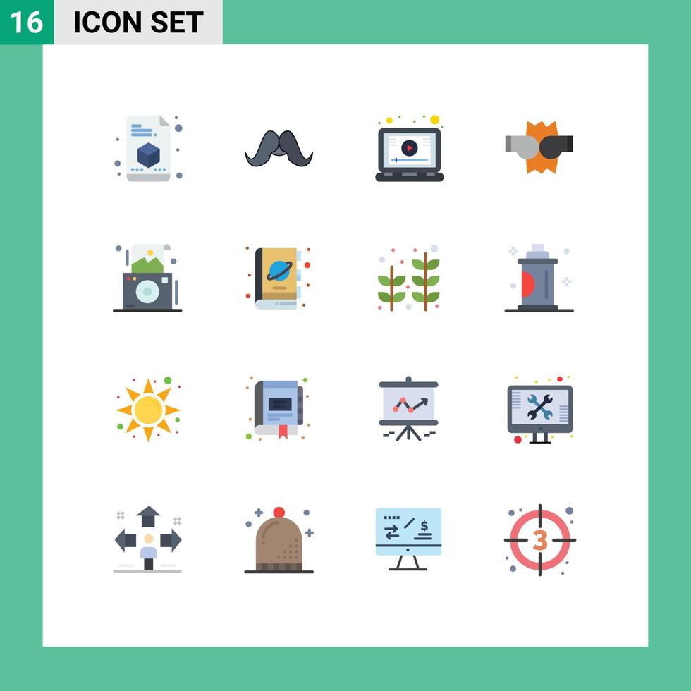 Pictogram Set of 16 Simple Flat Colors of photography camera lesson punch boxing Editable Pack of Creative Vector Design Elements