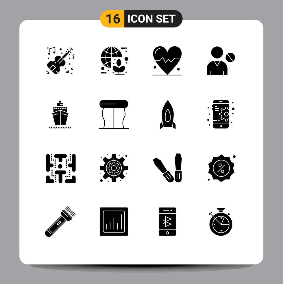 universal icono símbolos grupo de dieciséis moderno sólido glifos de barco personas energía interfaz avatar editable vector diseño elementos