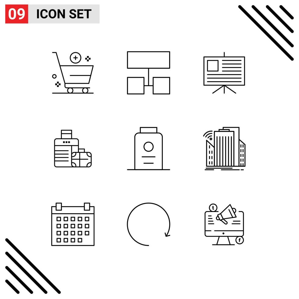 Universal Icon Symbols Group of 9 Modern Outlines of powder baby analytics hotel bag Editable Vector Design Elements