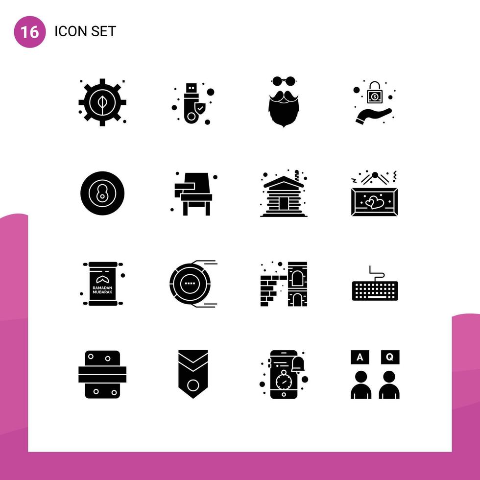 16 Universal Solid Glyph Signs Symbols of game ball hipster security lock Editable Vector Design Elements