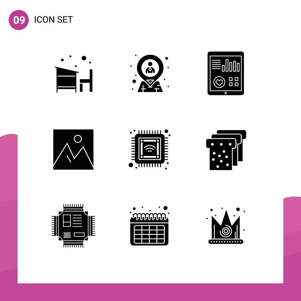 Set of 9 Vector Solid Glyphs on Grid for furniture decor location patient report heart Editable Vector Design Elements