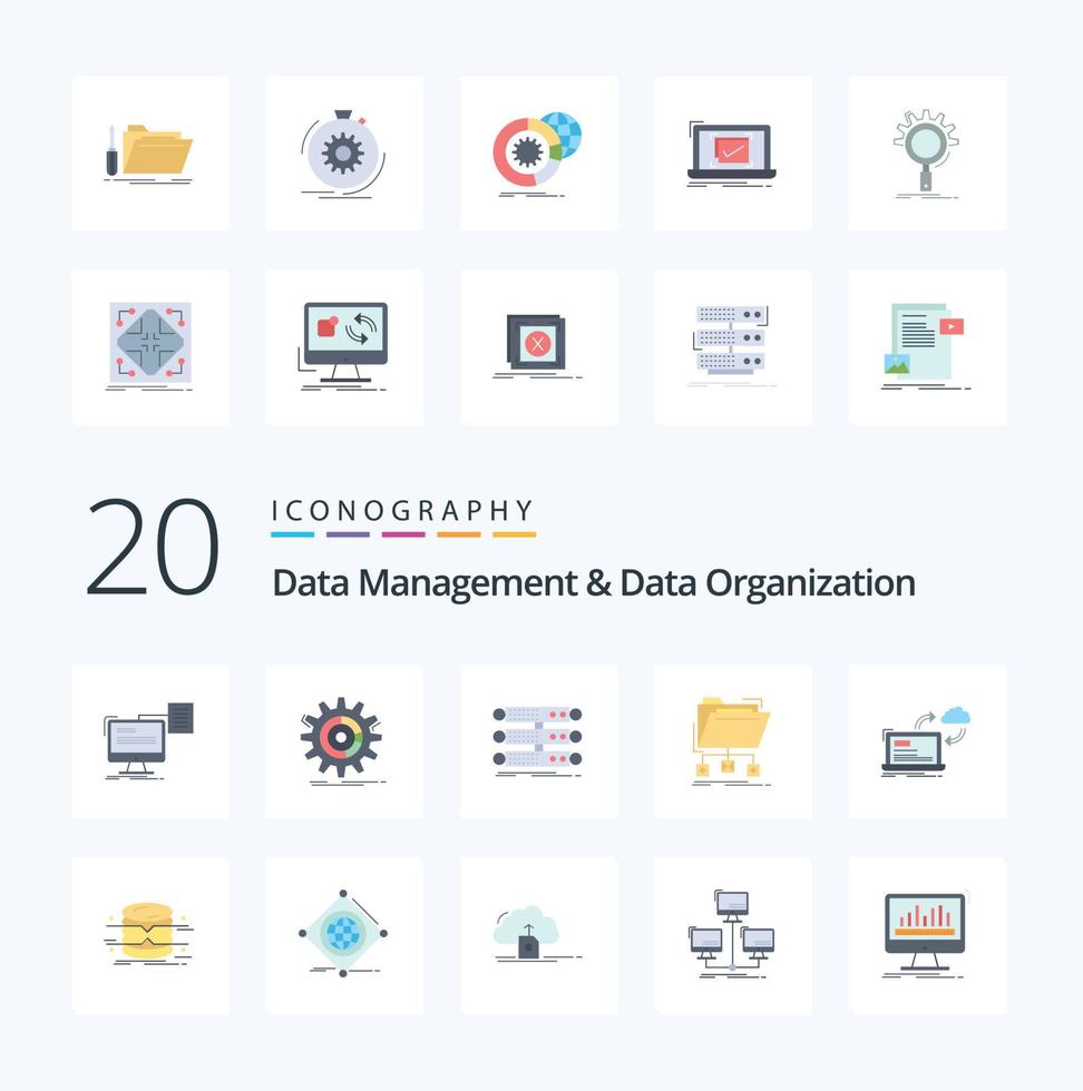 20 datos administración y datos organización plano color icono paquete me gusta archivos apoyo proceso datos estante vector