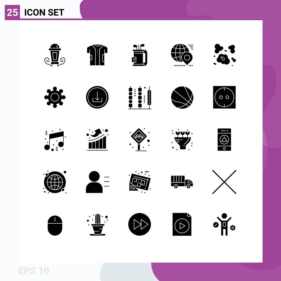Set of 25 Commercial Solid Glyphs pack for pin earth fabric globe golf Editable Vector Design Elements