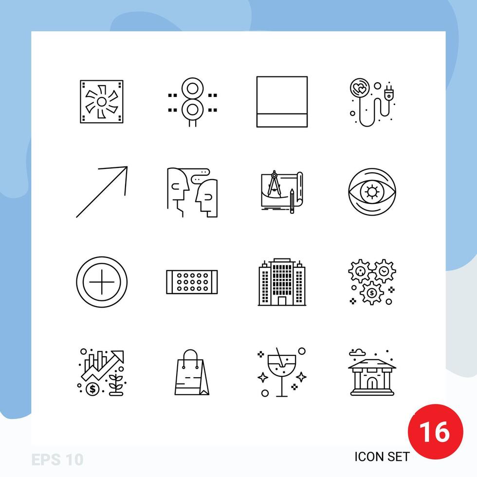 Set of 16 Modern UI Icons Symbols Signs for right romance train recharge heart Editable Vector Design Elements