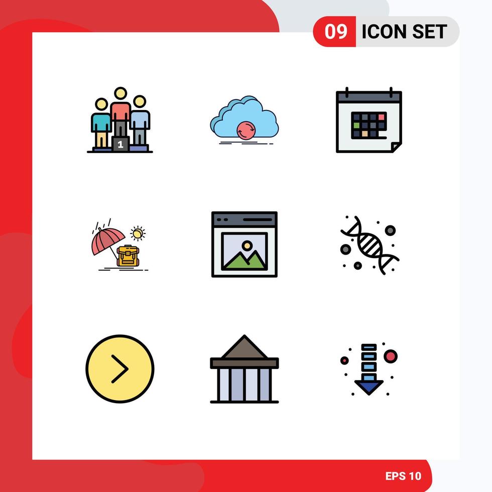 Pictogram Set of 9 Simple Filledline Flat Colors of season backpack synchronization summer day Editable Vector Design Elements