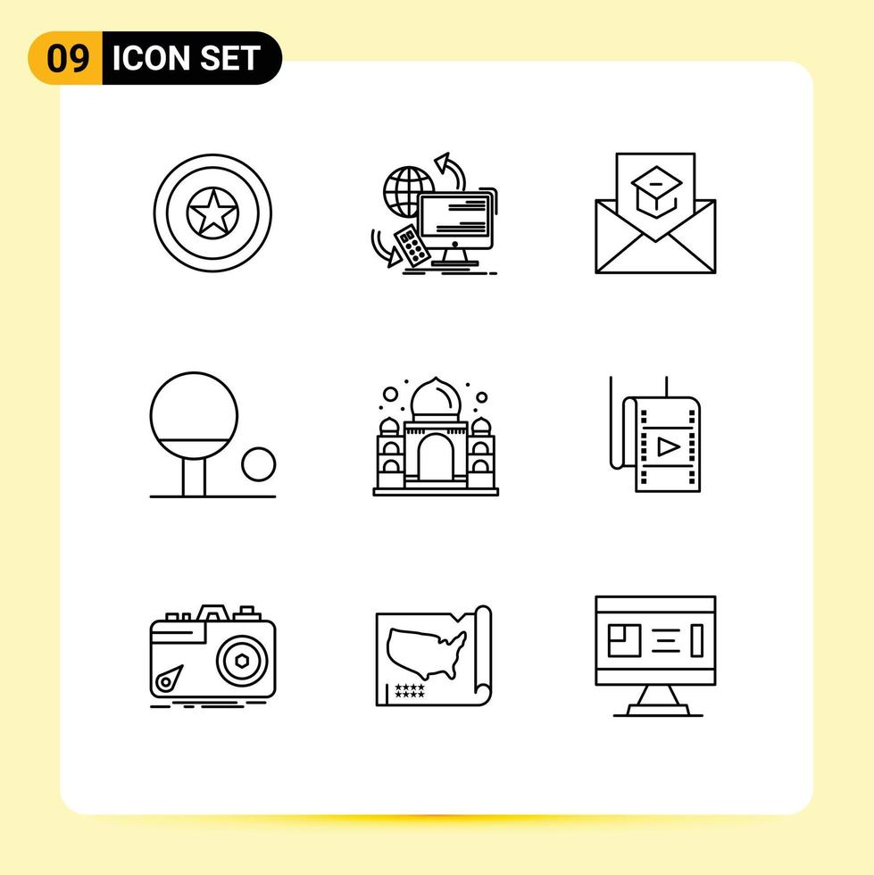 Group of 9 Modern Outlines Set for mahal sport security outline invite Editable Vector Design Elements