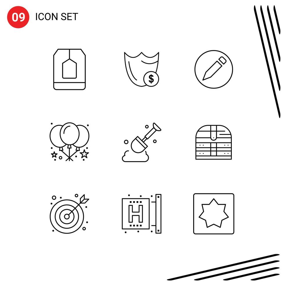 Editable Vector Line Pack of 9 Simple Outlines of construction balloon secure balloon pencil Editable Vector Design Elements