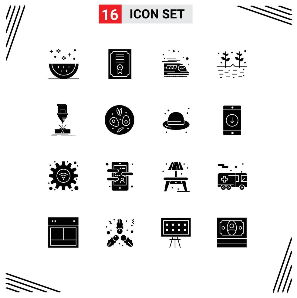 Modern Set of 16 Solid Glyphs Pictograph of fabrication cutting public grains farming Editable Vector Design Elements