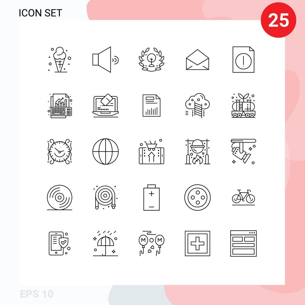 Line Pack of 25 Universal Symbols of file alert day open mail Editable Vector Design Elements