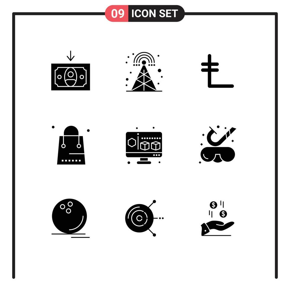 Group of 9 Modern Solid Glyphs Set for gadget shopping coin holiday christmas Editable Vector Design Elements