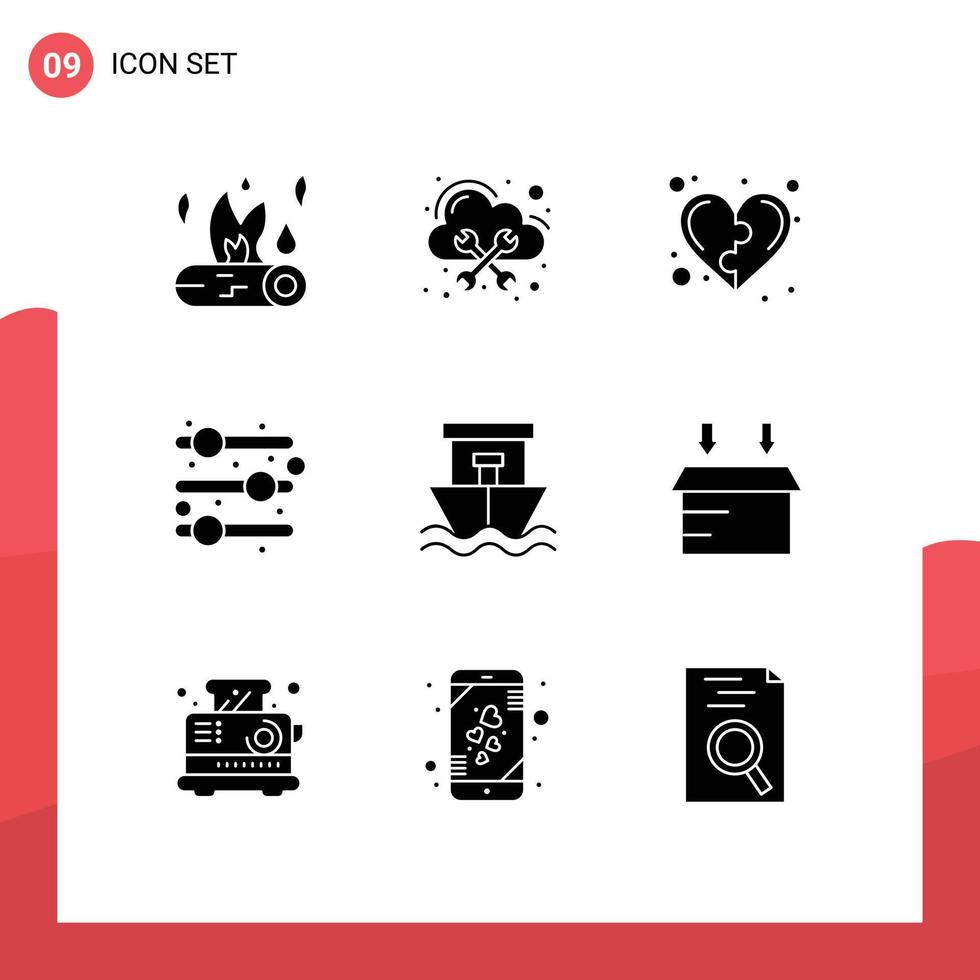 Group of 9 Modern Solid Glyphs Set for beach user interface cloud adjust heart Editable Vector Design Elements