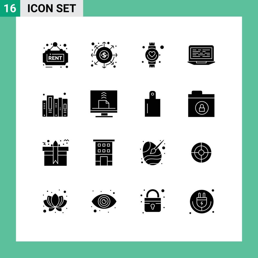 Group of 16 Modern Solid Glyphs Set for computer code payments coding watch Editable Vector Design Elements