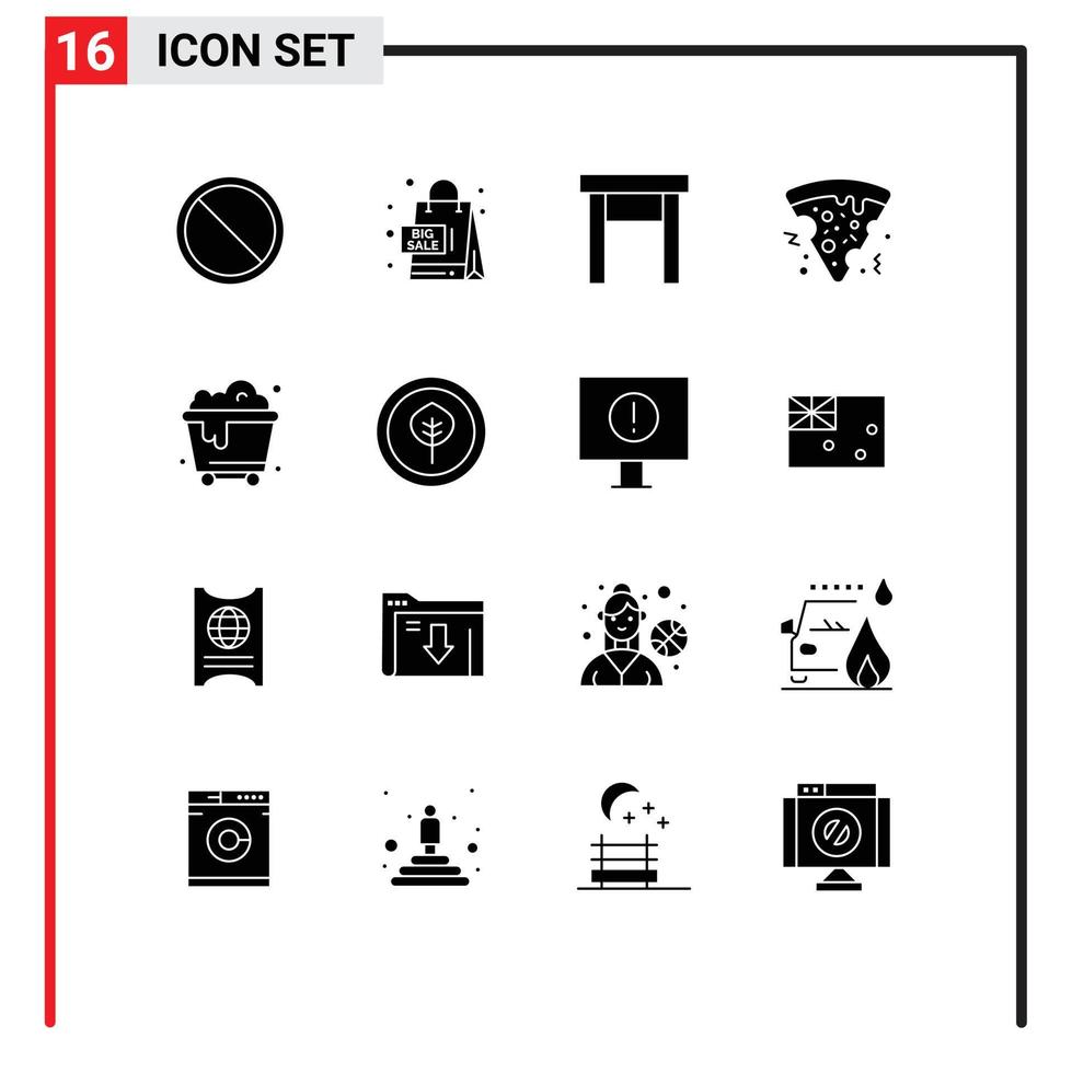 16 Universal Solid Glyph Signs Symbols of waste pollution furniture pizza fast food Editable Vector Design Elements