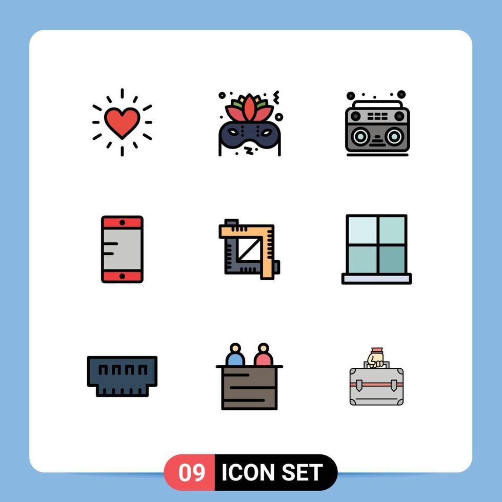 Mobile Interface Filledline Flat Color Set of 9 Pictograms of buildings designing tool sound crop tool school Editable Vector Design Elements
