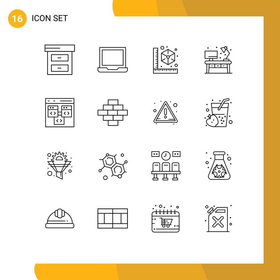 Group of 16 Outlines Signs and Symbols for develop browser model app office Editable Vector Design Elements