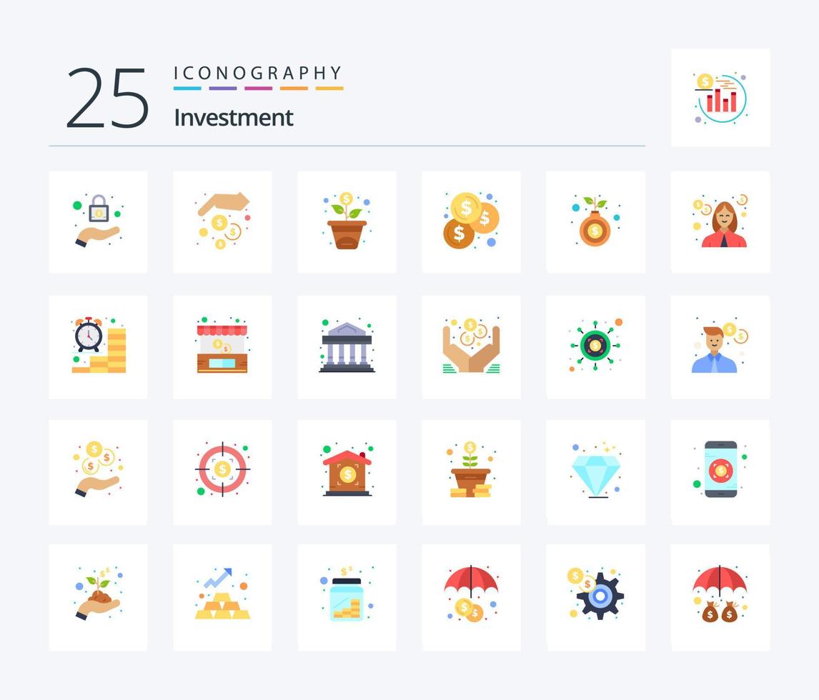 Investment 25 Flat Color icon pack including debt. money. growth. hand. investment vector