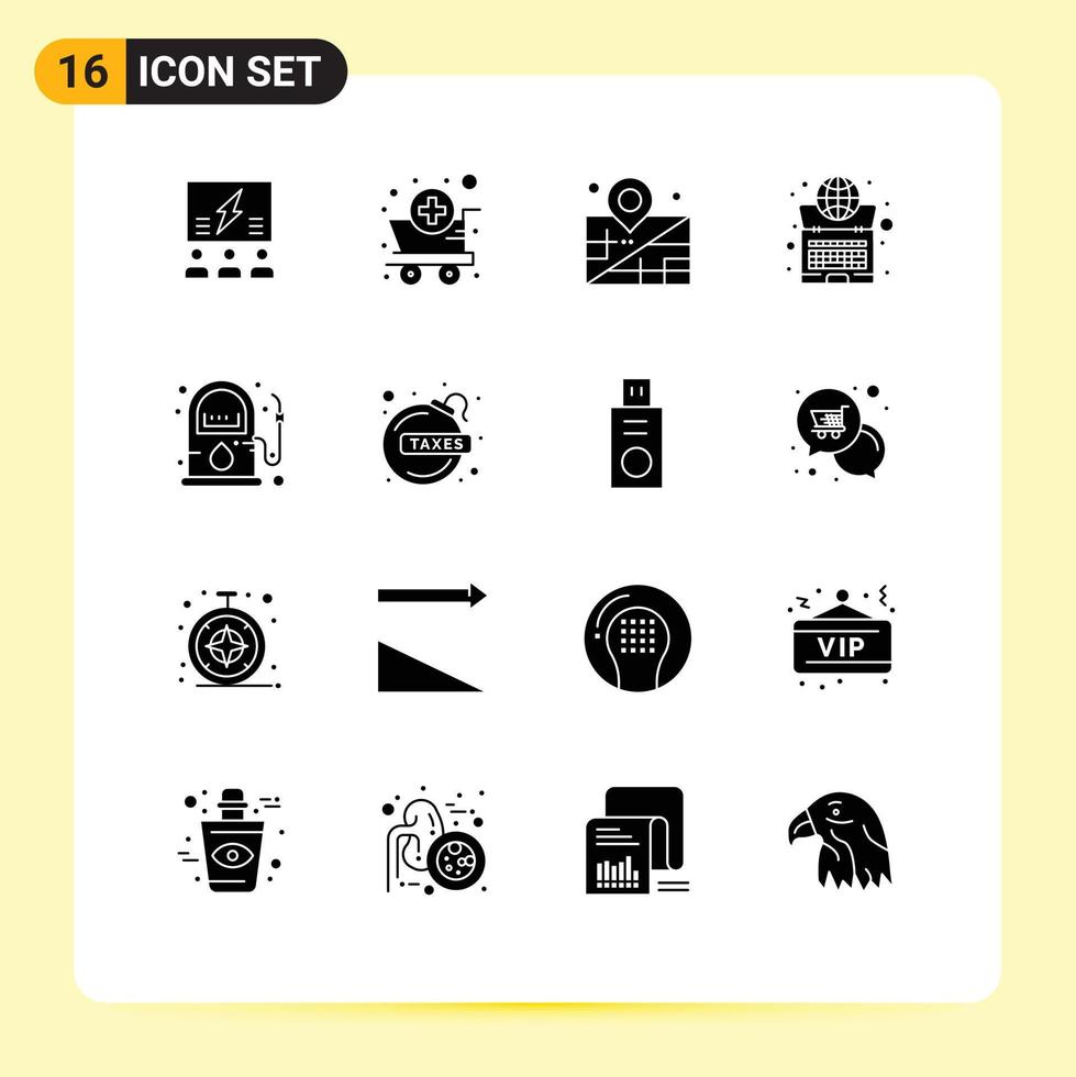 Pack of 16 creative Solid Glyphs of system globe medical global business Editable Vector Design Elements