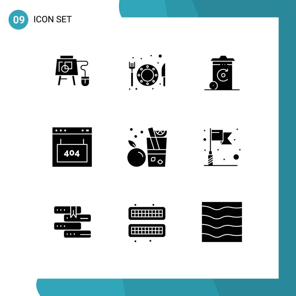 Modern Set of 9 Solid Glyphs Pictograph of fruit seo recycling page error Editable Vector Design Elements