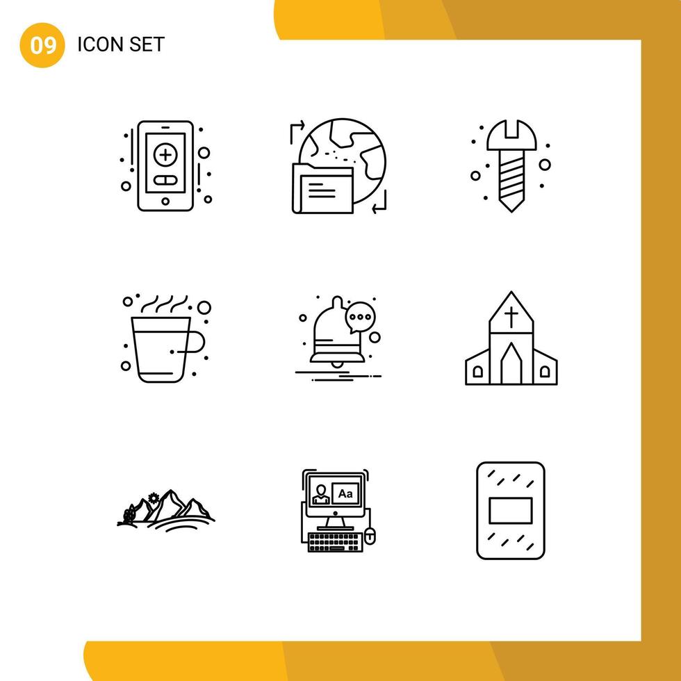Group of 9 Modern Outlines Set for church message hardware communication drink Editable Vector Design Elements