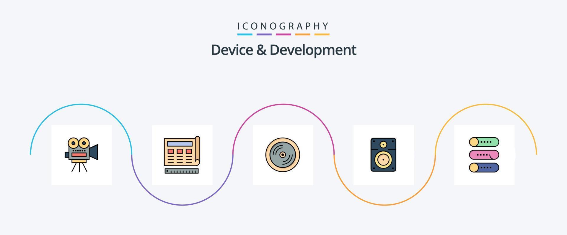 dispositivo y desarrollo línea lleno plano 5 5 icono paquete incluso ajuste. música. web. alto. educación vector