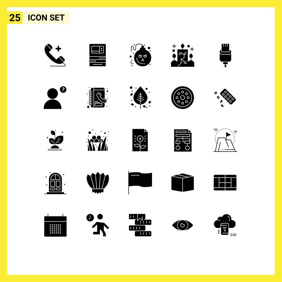 Set of 25 Vector Solid Glyphs on Grid for cable light withdraw illumination scary Editable Vector Design Elements
