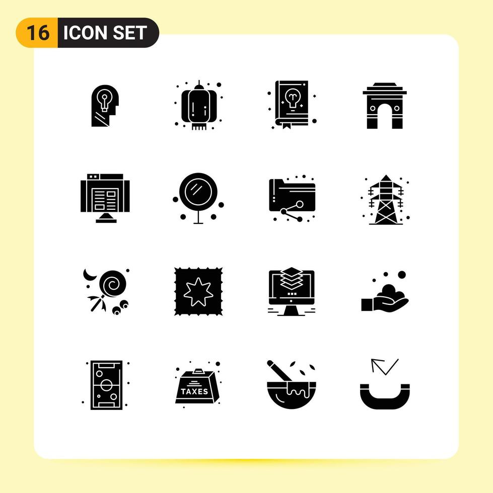 Modern Set of 16 Solid Glyphs and symbols such as indian hinduism lantern global learning Editable Vector Design Elements