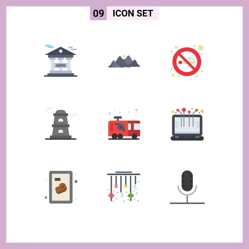 9 Flat Color concept for Websites Mobile and Apps fire car scene watchtower observatory Editable Vector Design Elements
