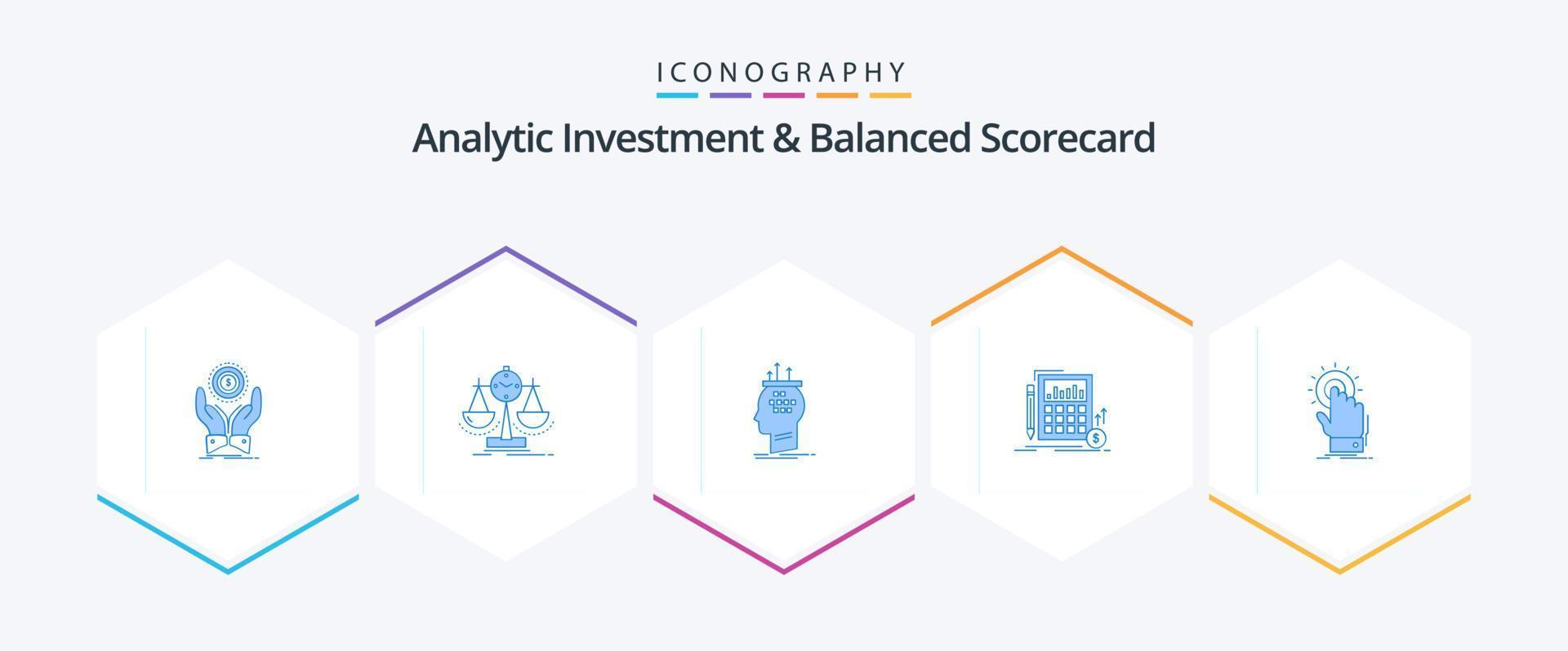 Analytic Investment And Balanced Scorecard 25 Blue icon pack including financial. calculation. scorecard. thinking. conclusion vector