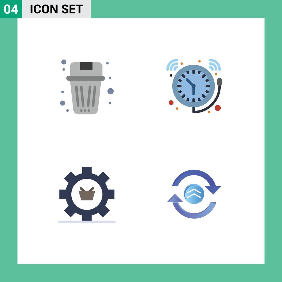 Mobile Interface Flat Icon Set of 4 Pictograms of basket watch garbage bell configuration Editable Vector Design Elements