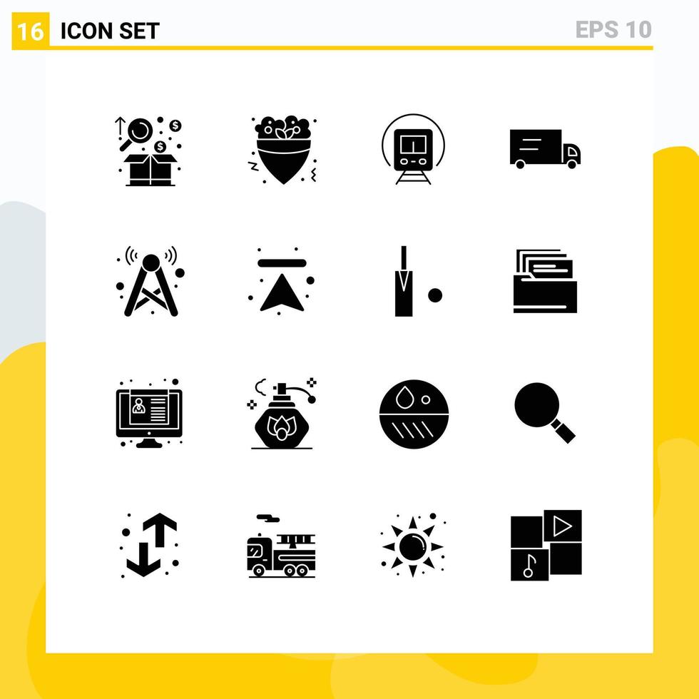 Pack of 16 creative Solid Glyphs of internet tower crepe vehicles transport Editable Vector Design Elements