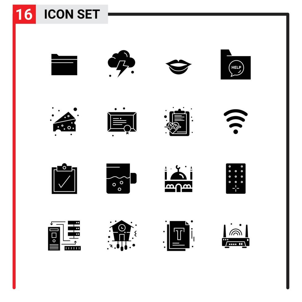 Universal Icon Symbols Group of 16 Modern Solid Glyphs of diploma food girl cheese file Editable Vector Design Elements