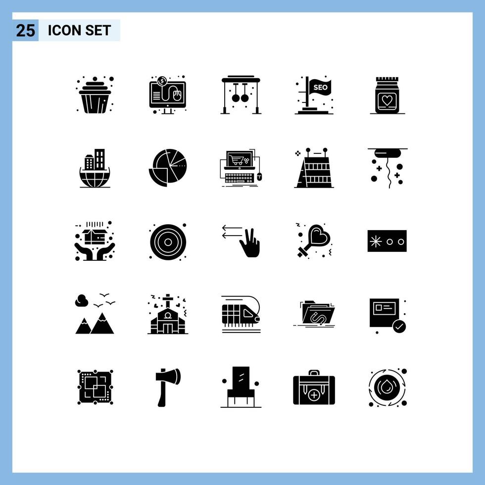 User Interface Pack of 25 Basic Solid Glyphs of love seo rings marketing flag Editable Vector Design Elements