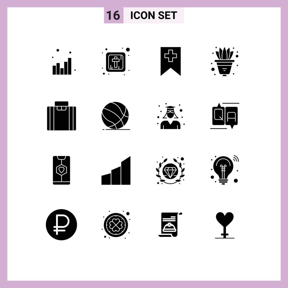 Mobile Interface Solid Glyph Set of 16 Pictograms of ball business plus briefcase pot Editable Vector Design Elements