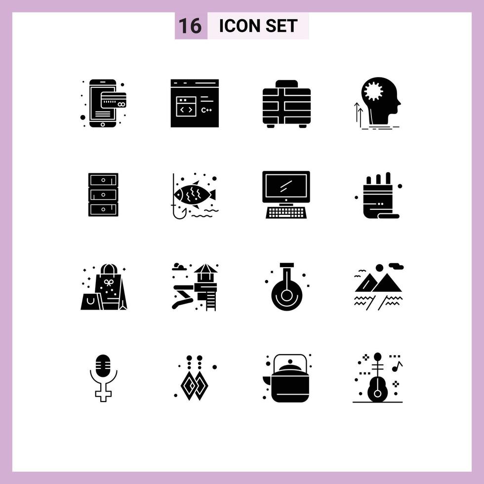 Pictogram Set of 16 Simple Solid Glyphs of safe idea beach thinking mind Editable Vector Design Elements