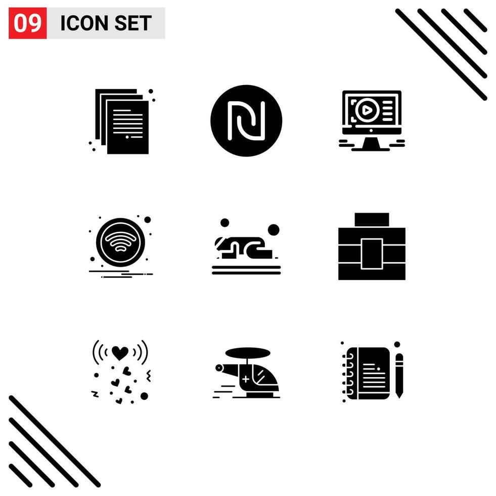 Solid Glyph Pack of 9 Universal Symbols of muslim sign monitor wireless technology Editable Vector Design Elements