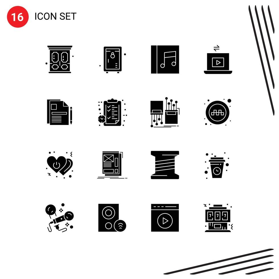 Modern Set of 16 Solid Glyphs Pictograph of document contract album play video Editable Vector Design Elements