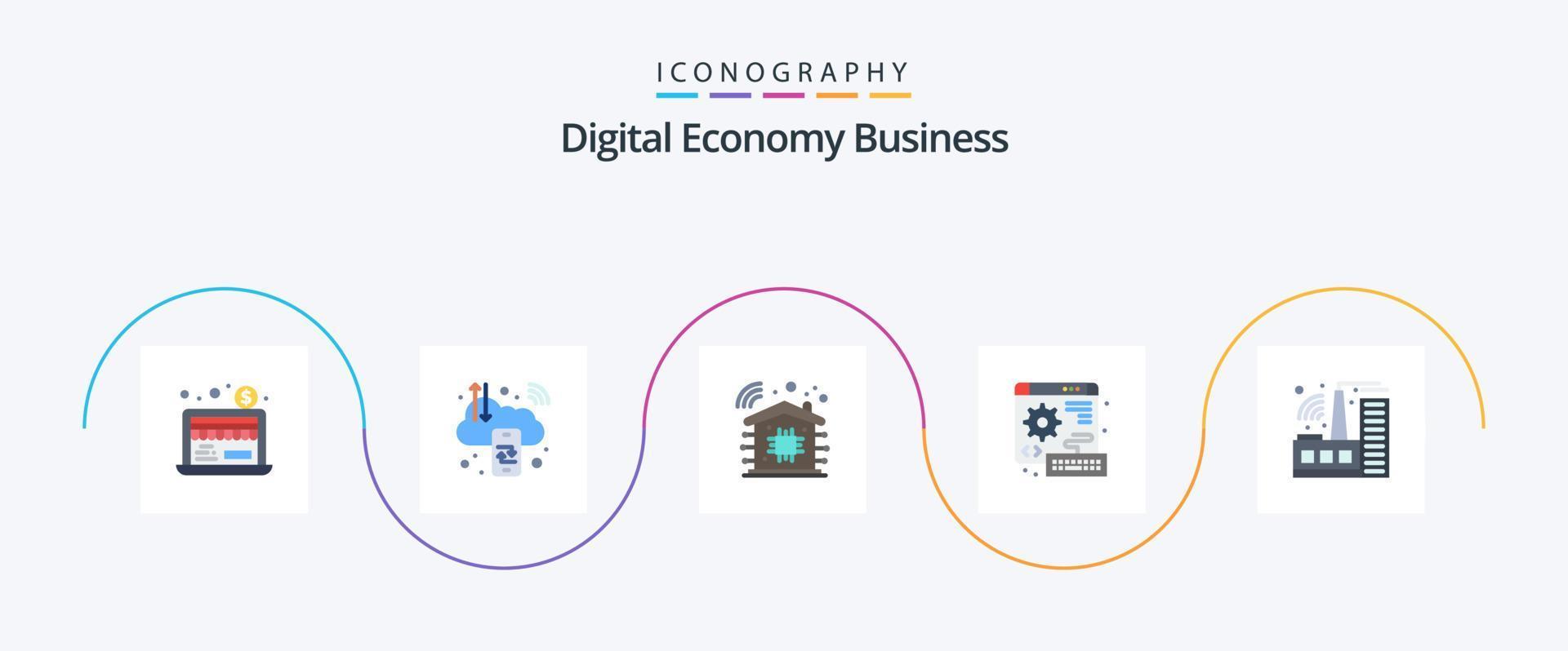 Digital Economy Business Flat 5 Icon Pack Including industry. building. intelligent. gear. web vector