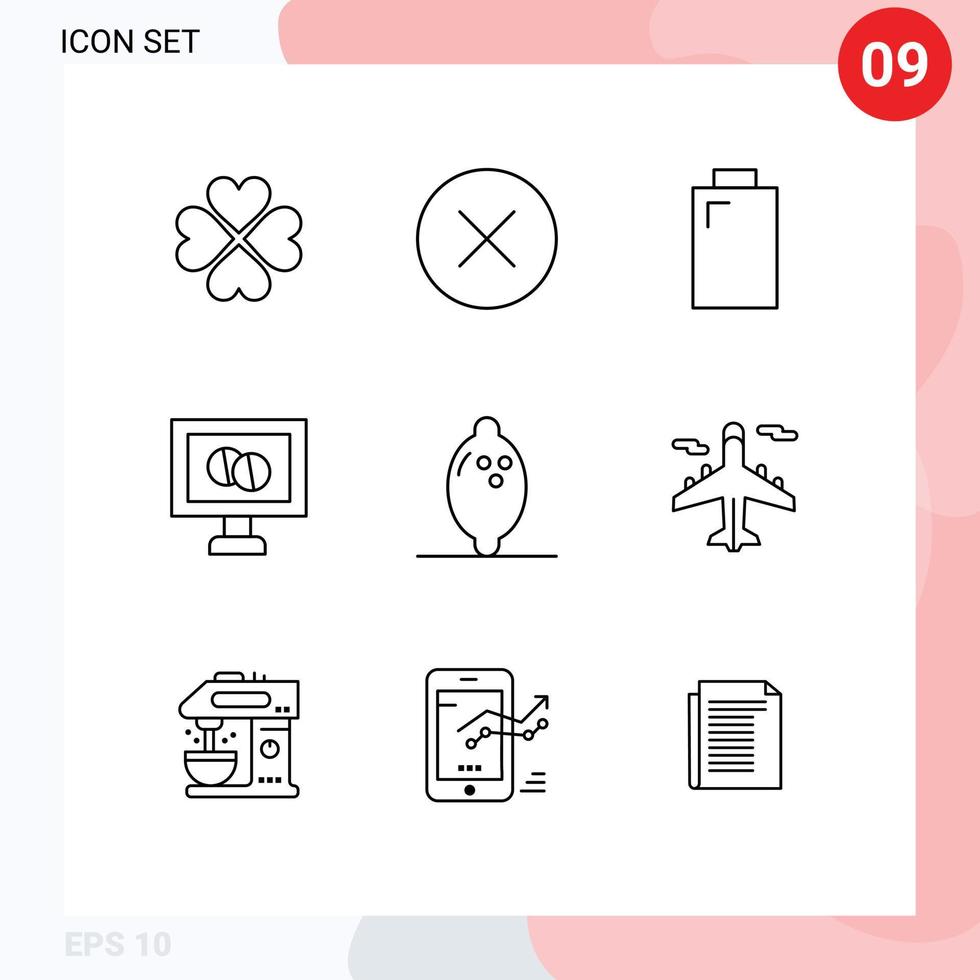 Universal Icon Symbols Group of 9 Modern Outlines of airplane fruit battery food medicine Editable Vector Design Elements