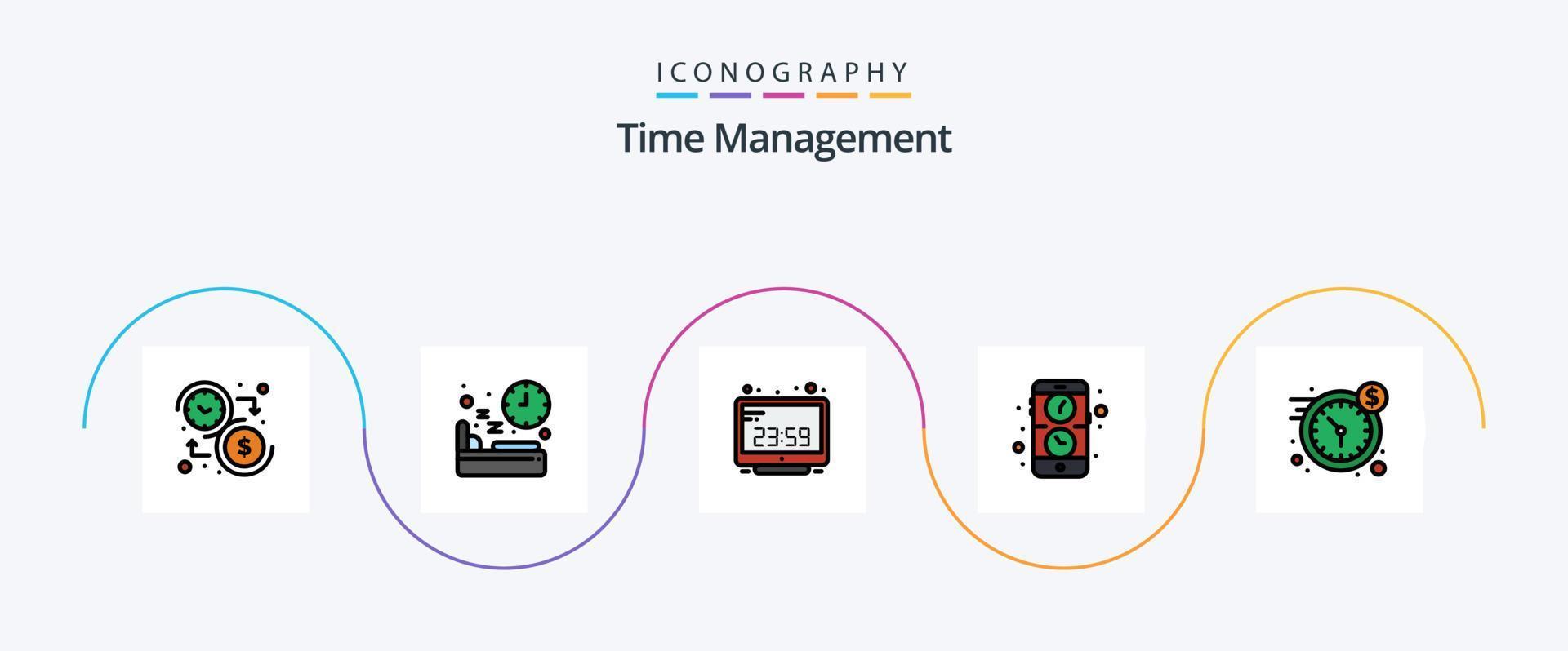 Time Management Line Filled Flat 5 Icon Pack Including mobile. app. sleep. display. computer clock vector