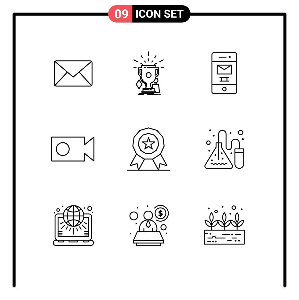 Mobile Interface Outline Set of 9 Pictograms of medal video winner record recycle Editable Vector Design Elements