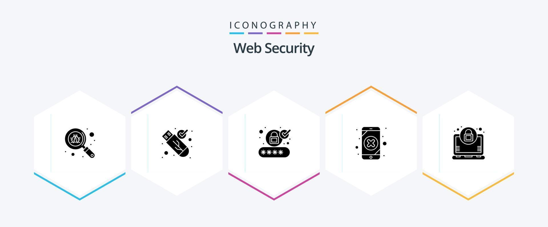 Web Security 25 Glyph icon pack including laptop. loss. account. leak. mobile data vector